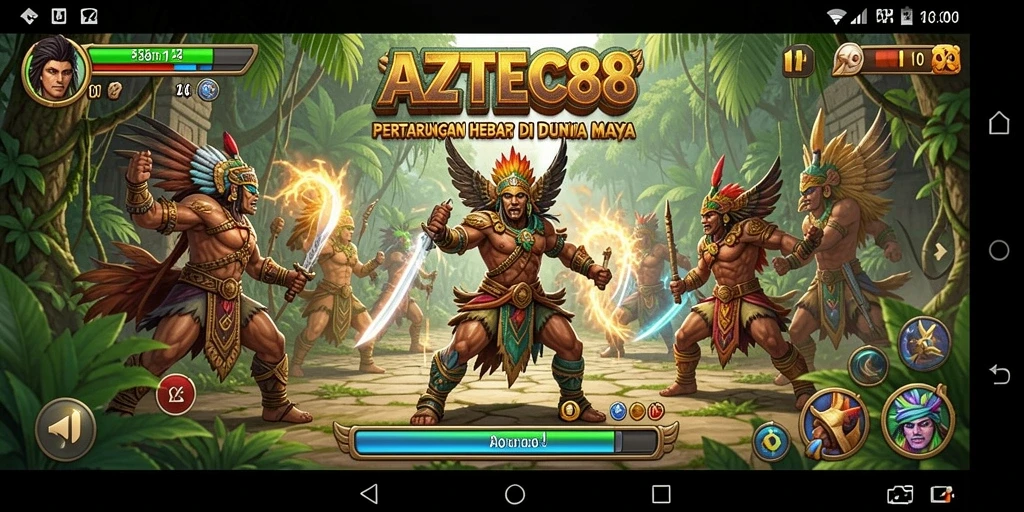 Screenshot AZTEC88 menampilkan aksi pertarungan yang mendebarkan dan karakter yang penuh warna.