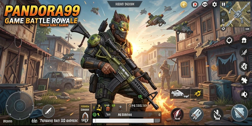 Screenshot gameplay PANDORA99 menampilkan aksi Battle Royale yang intens.