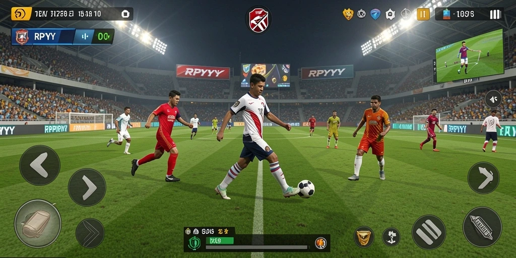 Tampilan gameplay RPYYY dengan aksi sepak bola yang mendebarkan.