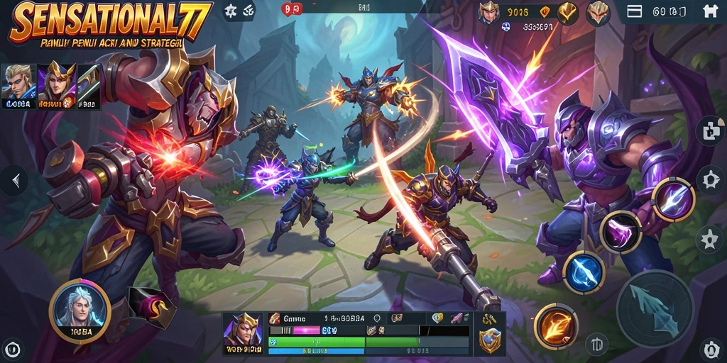 Screenshot SENSATIONAL77 menampilkan momen aksi strategis dalam pertarungan MOBA.