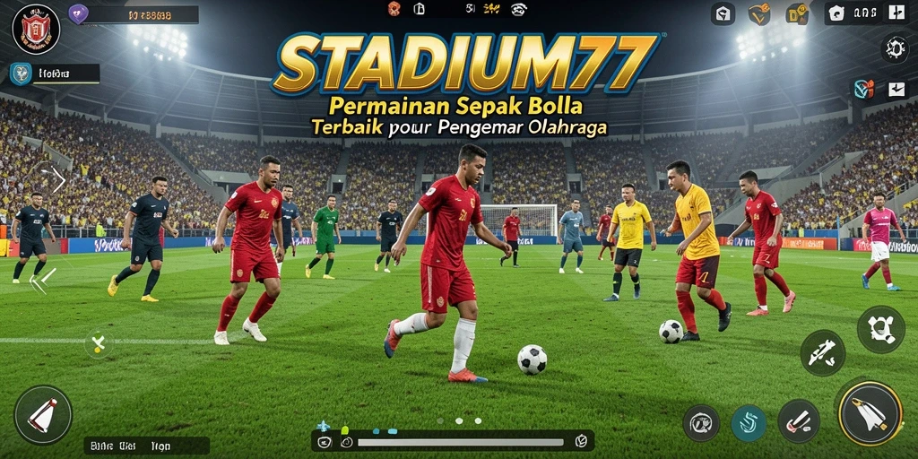 Screenshot gameplay STADIUM77 menampilkan aksi sepak bola yang mendalam.