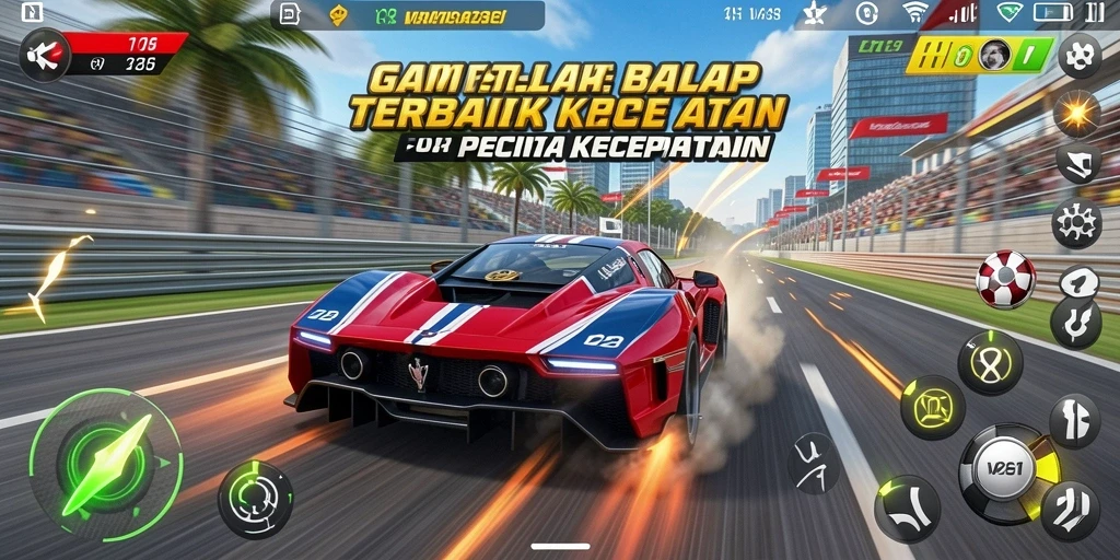 Screenshot V21 menampilkan aksi balap yang mendebarkan di jalur sirkuit.
